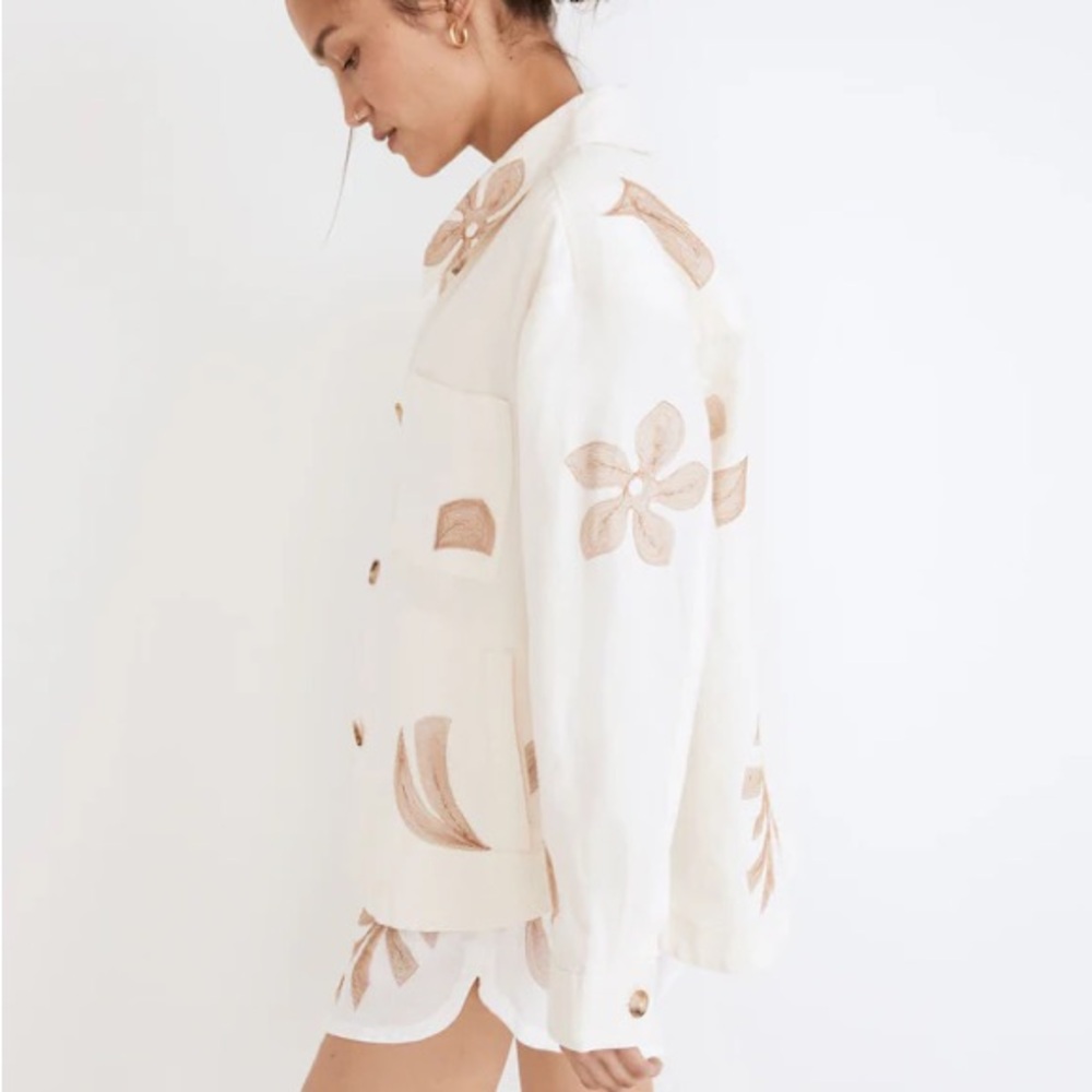 Madewell Embroidered Linen Crop Shirt-Jacket in Tropicale Floral